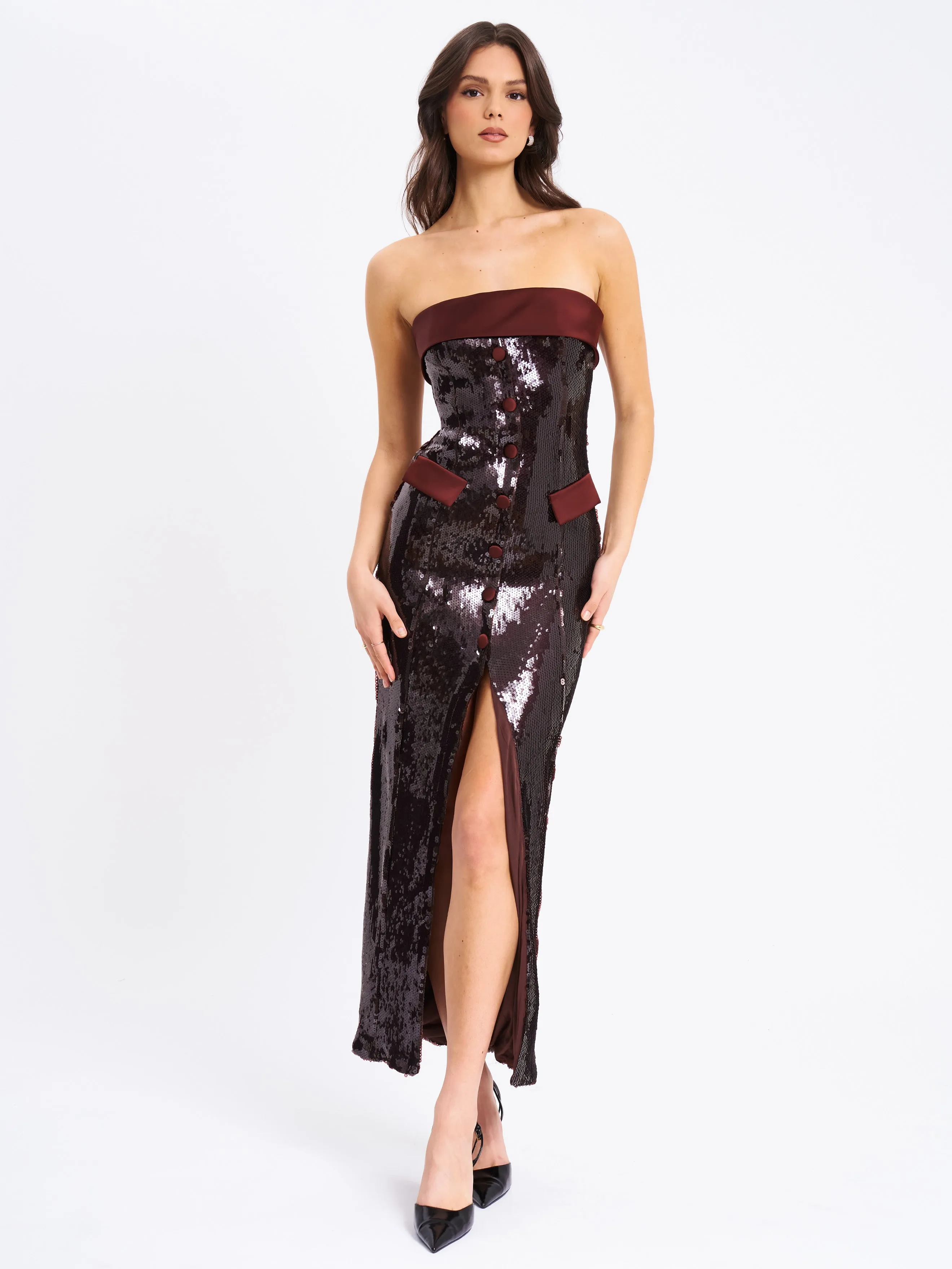 Qadira Burgundy Brown Sequin Maxi Pencil Dress