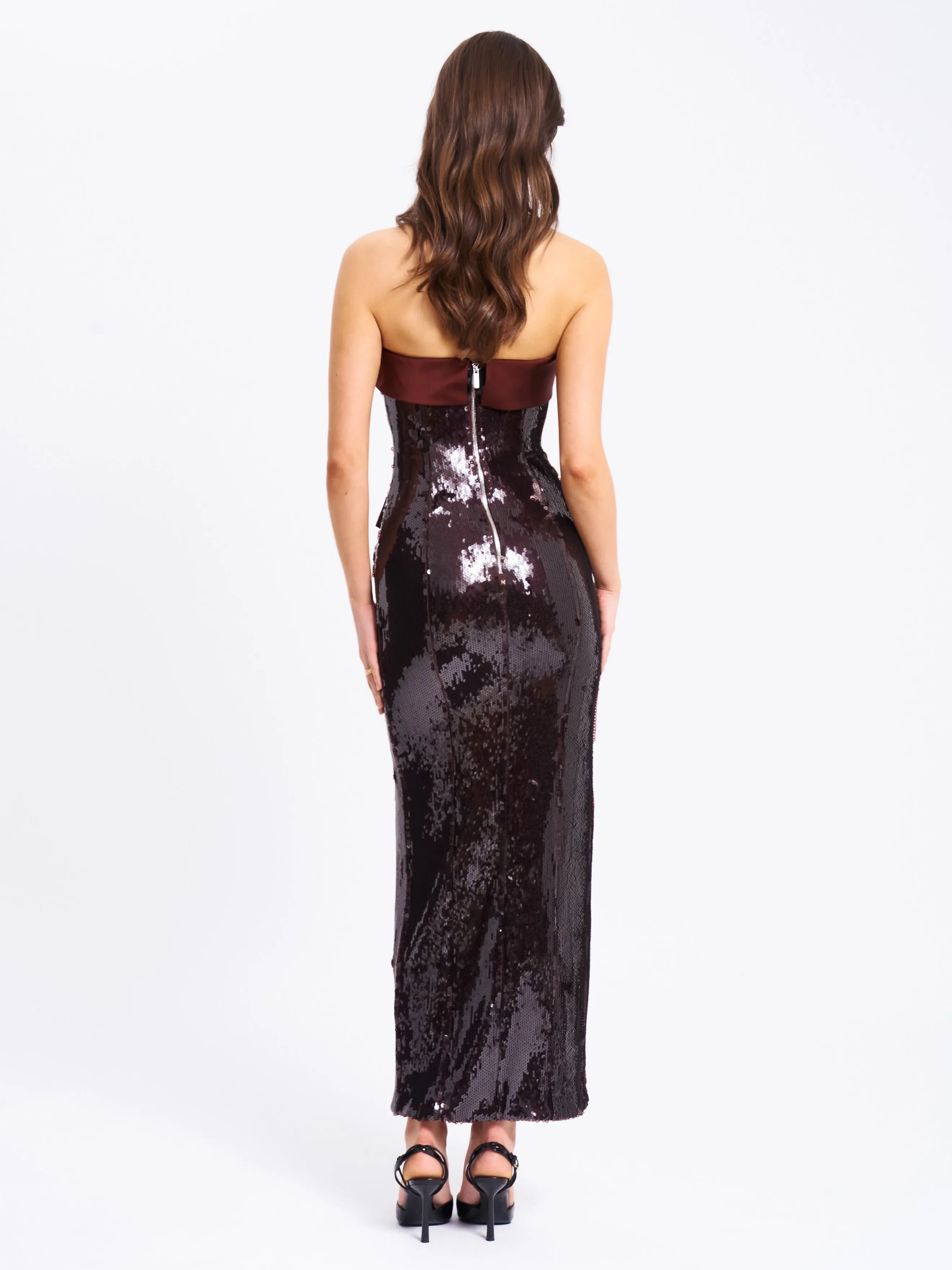 Qadira Burgundy Brown Sequin Maxi Pencil Dress