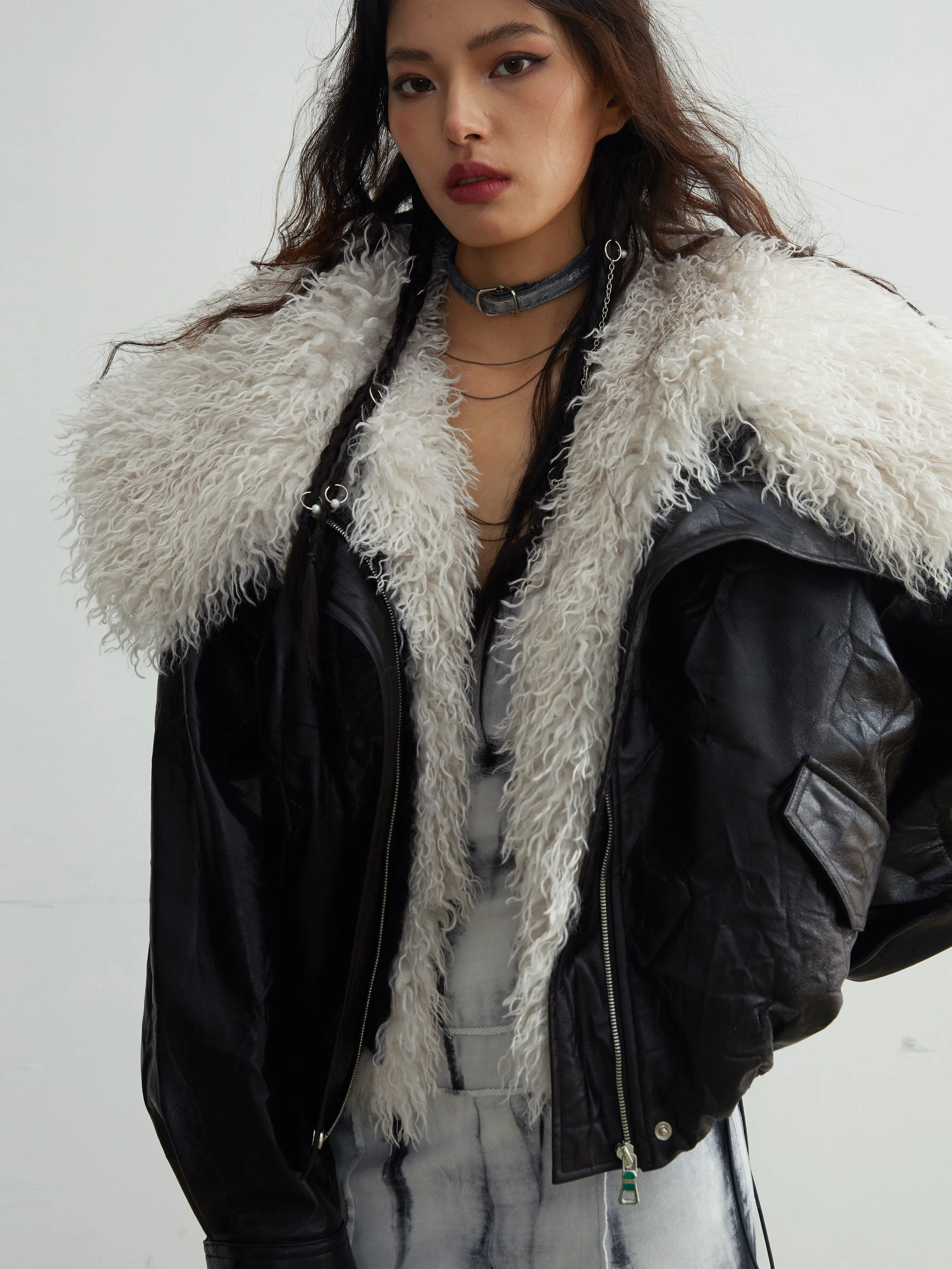 Removable Large Fur Collar Imitation Leather Jacket