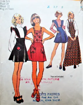 Retro 70s Jumper Dress Pattern / Simplicity 5210 / Mini Maxi Lengths / Bust 28 / Bib Ruffled Suspender Option