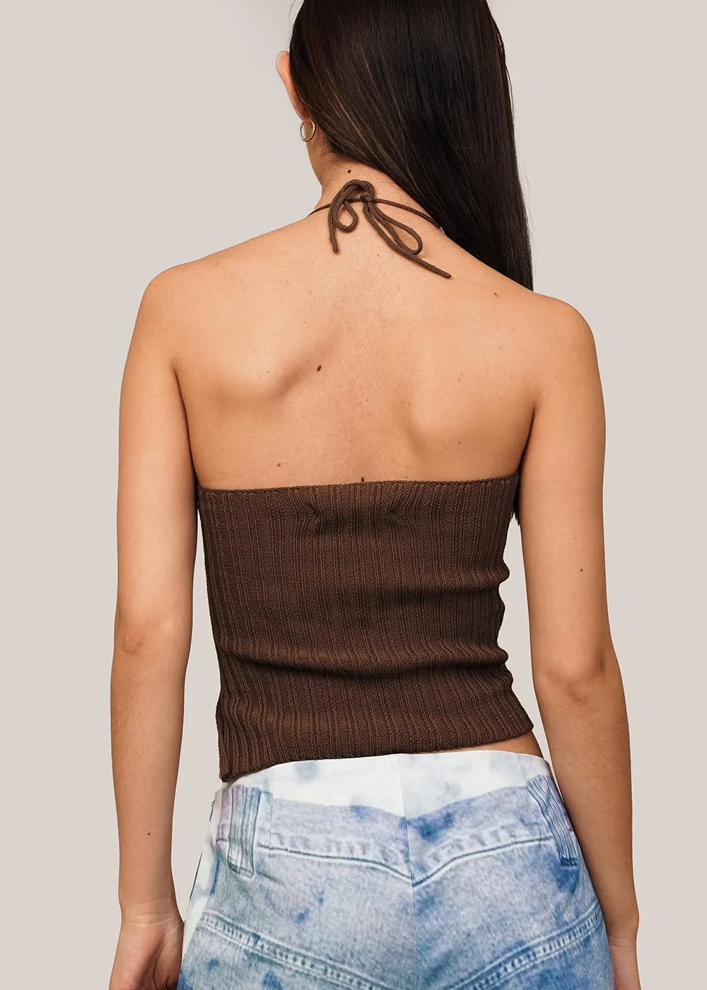 Rib Knit Halter Top with Asymmetrical Design