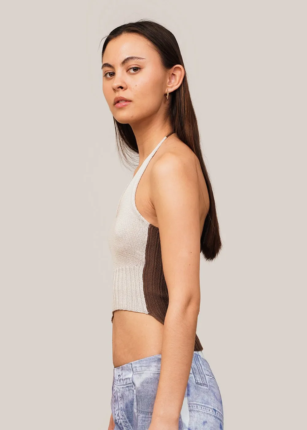 Rib Knit Halter Top with Asymmetrical Design