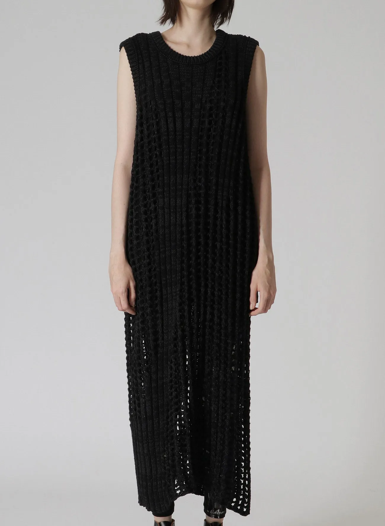 RIB STITCH/MESH SLEEVELESS DRESS