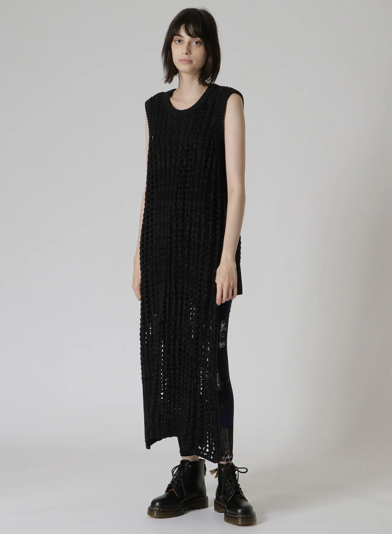 RIB STITCH/MESH SLEEVELESS DRESS