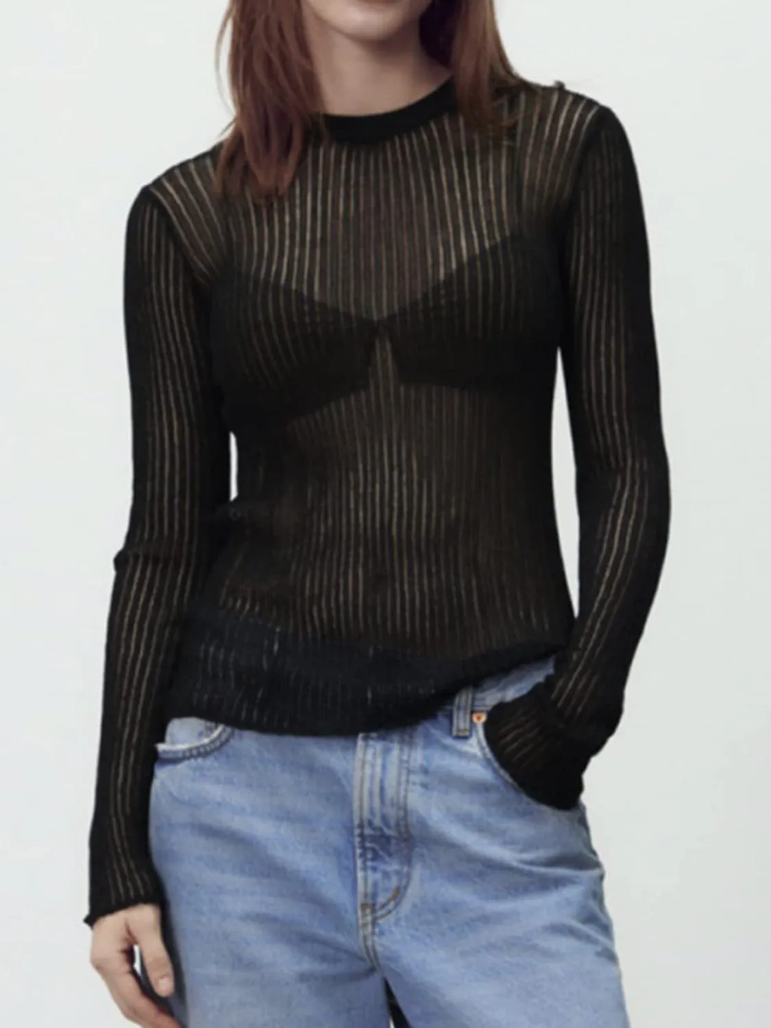 Ribbed Knit Top with Round Neck