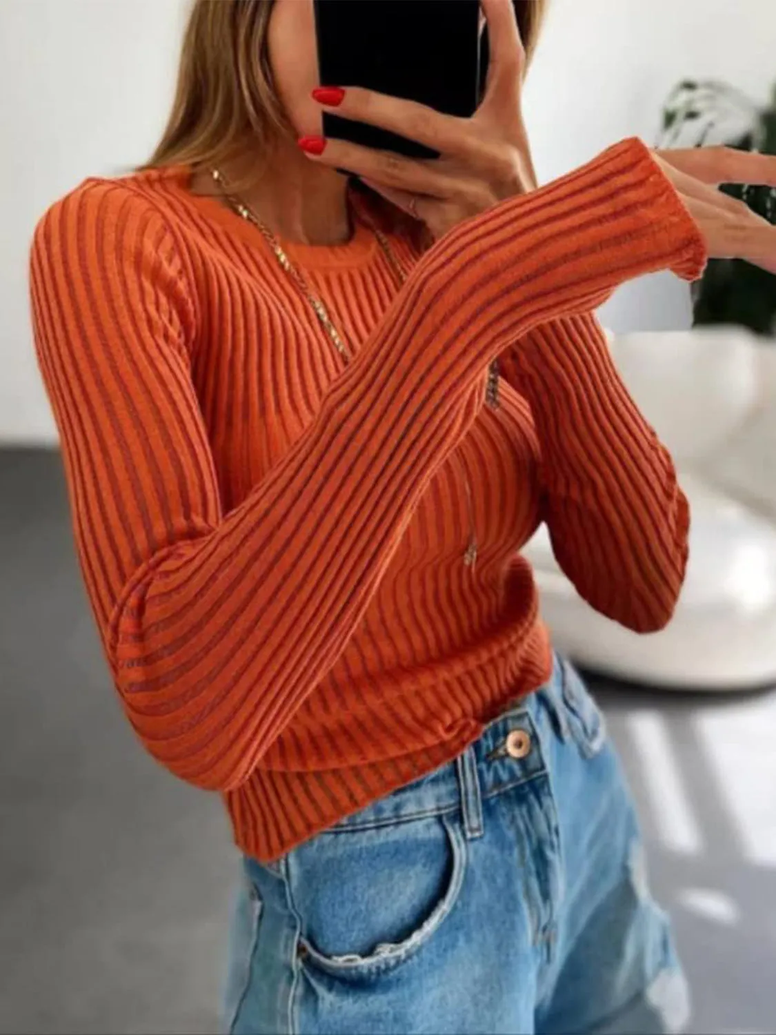 Ribbed Knit Top with Round Neck