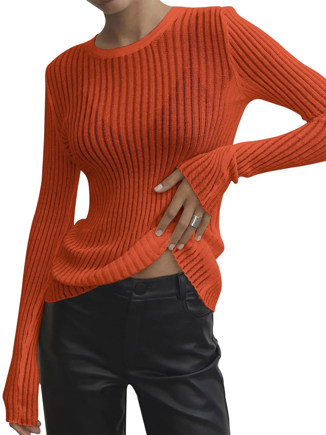 Ribbed Knit Top with Round Neck