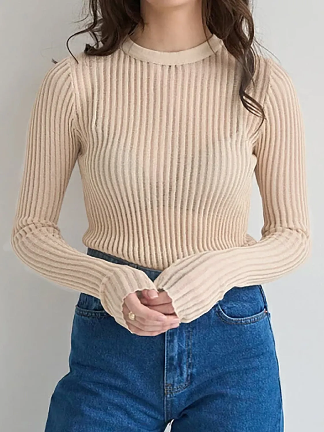 Ribbed Knit Top with Round Neck