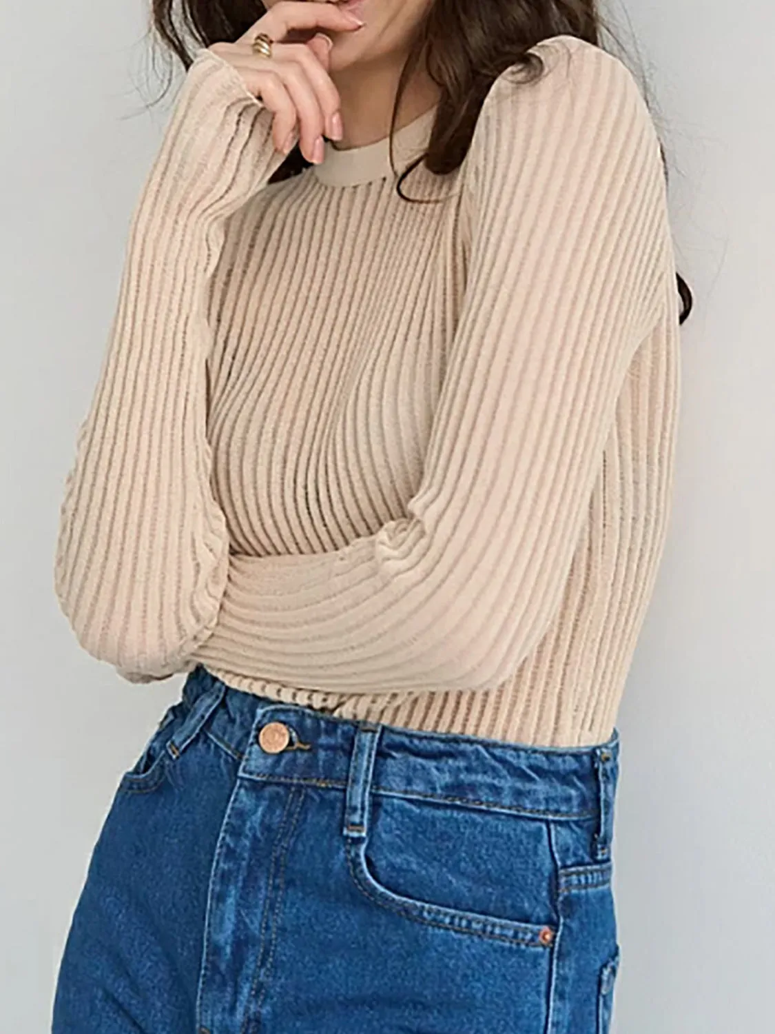 Ribbed Knit Top with Round Neck