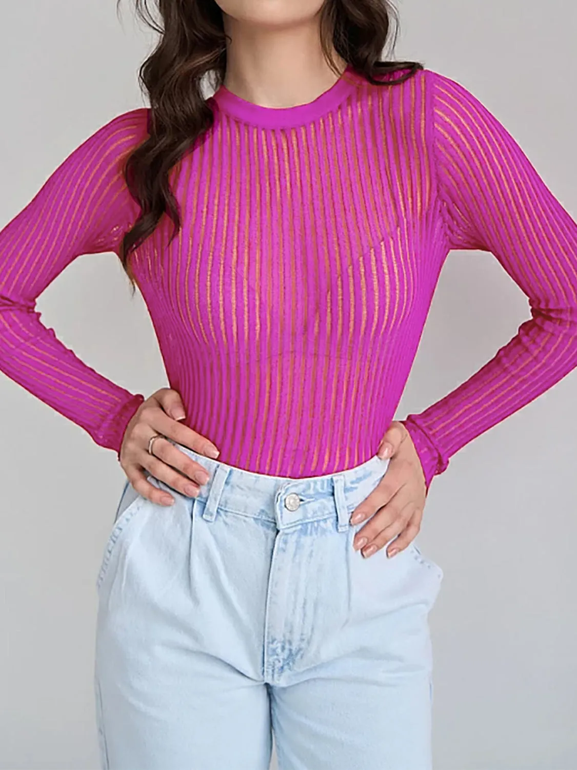 Ribbed Knit Top with Round Neck