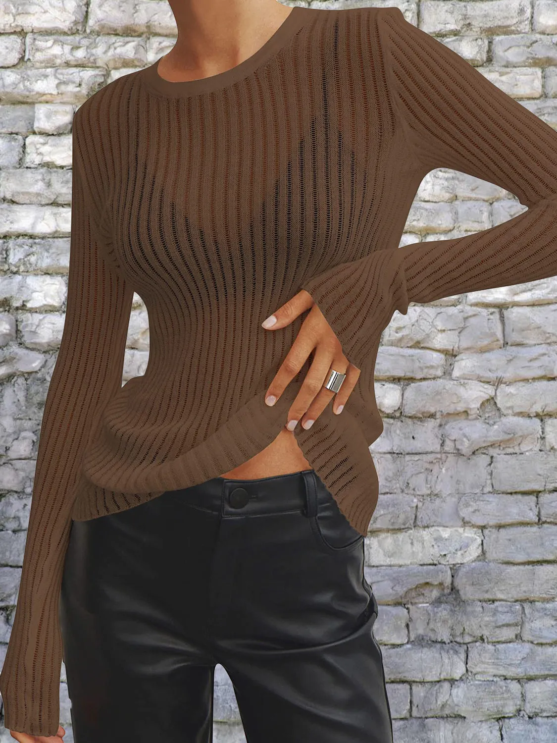 Ribbed Knit Top with Round Neck