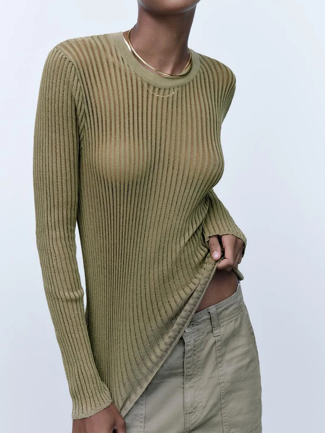 Ribbed Knit Top with Round Neck