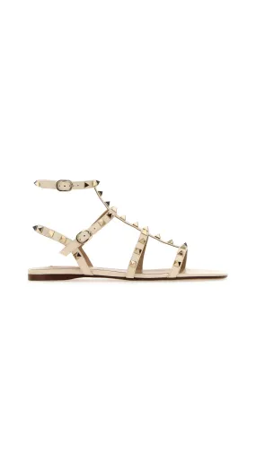 Beige Rockstud Flat Calfskin Sandal with Straps