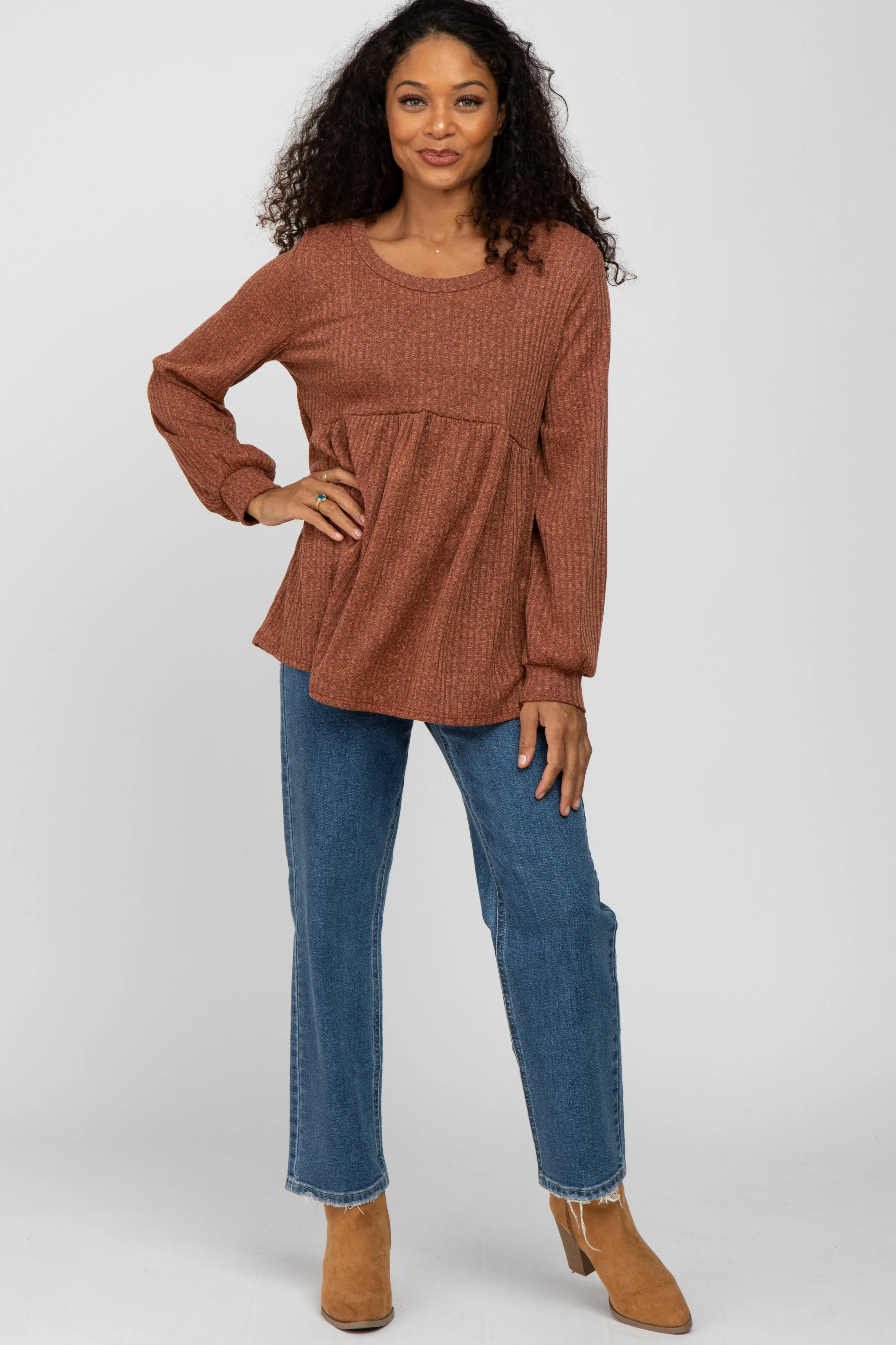 Rust Textured Knit Babydoll Top with Long Sleeves