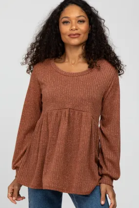 Rust Textured Knit Babydoll Top with Long Sleeves