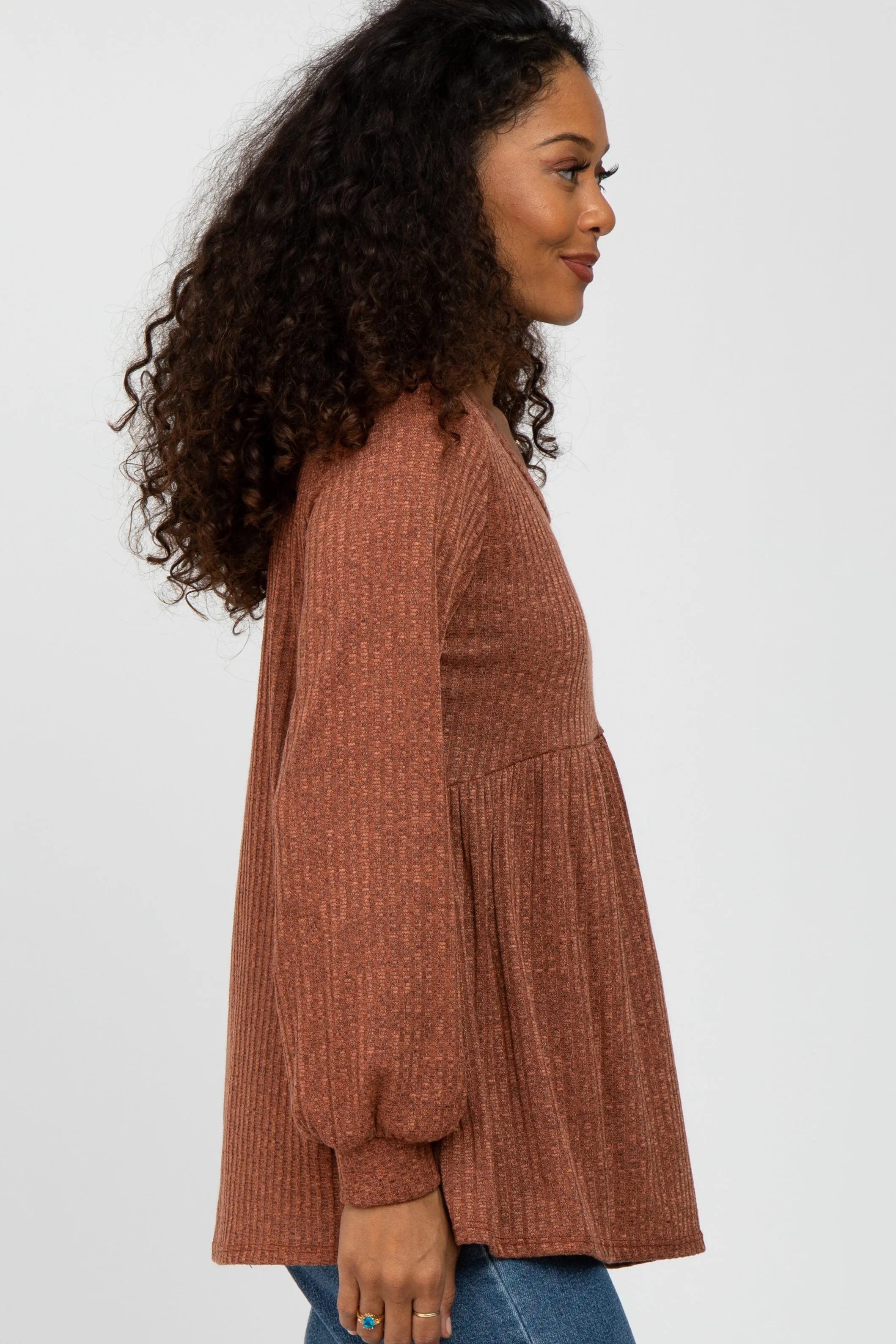 Rust Textured Knit Babydoll Top with Long Sleeves