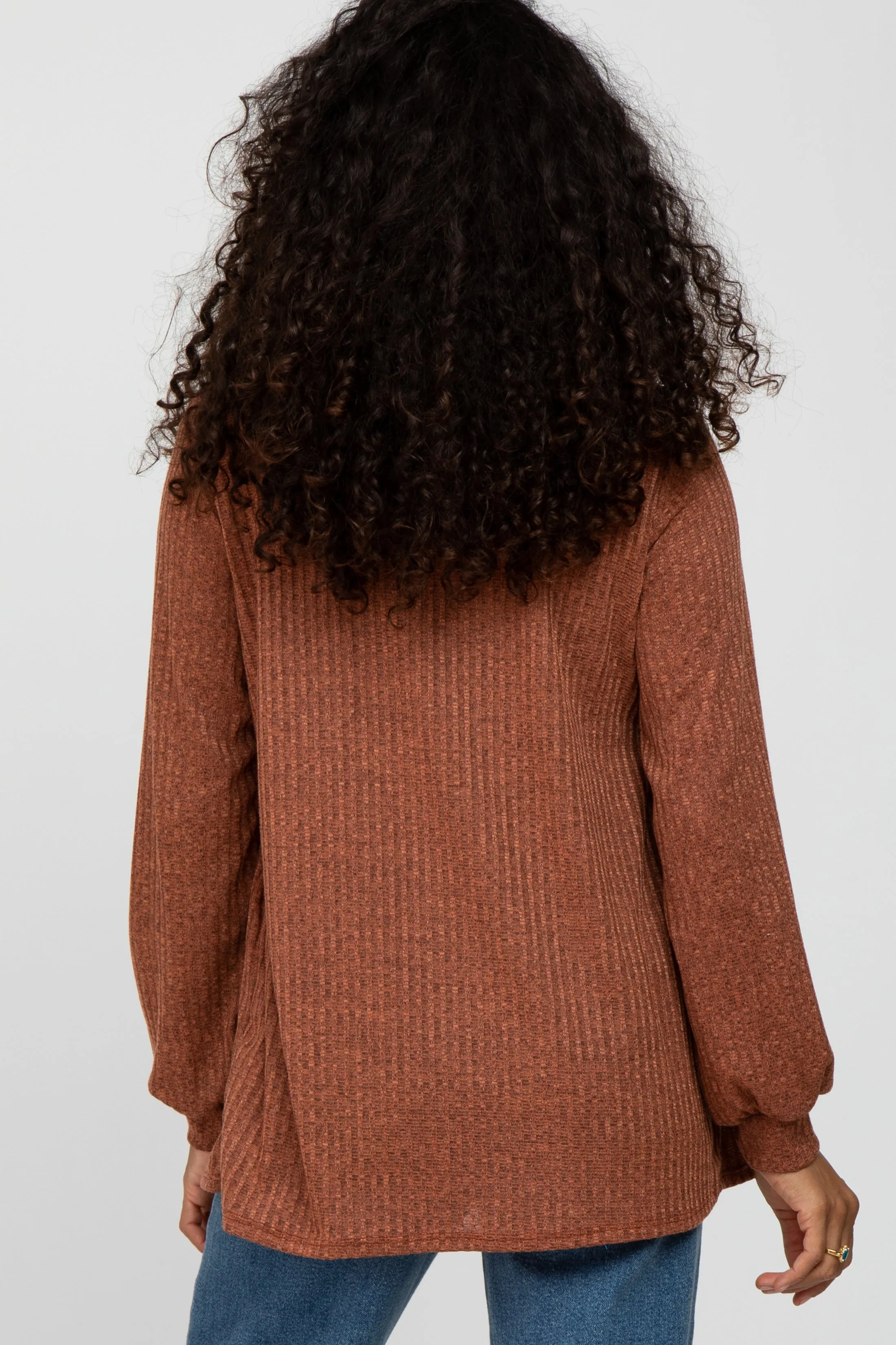 Rust Textured Knit Babydoll Top with Long Sleeves