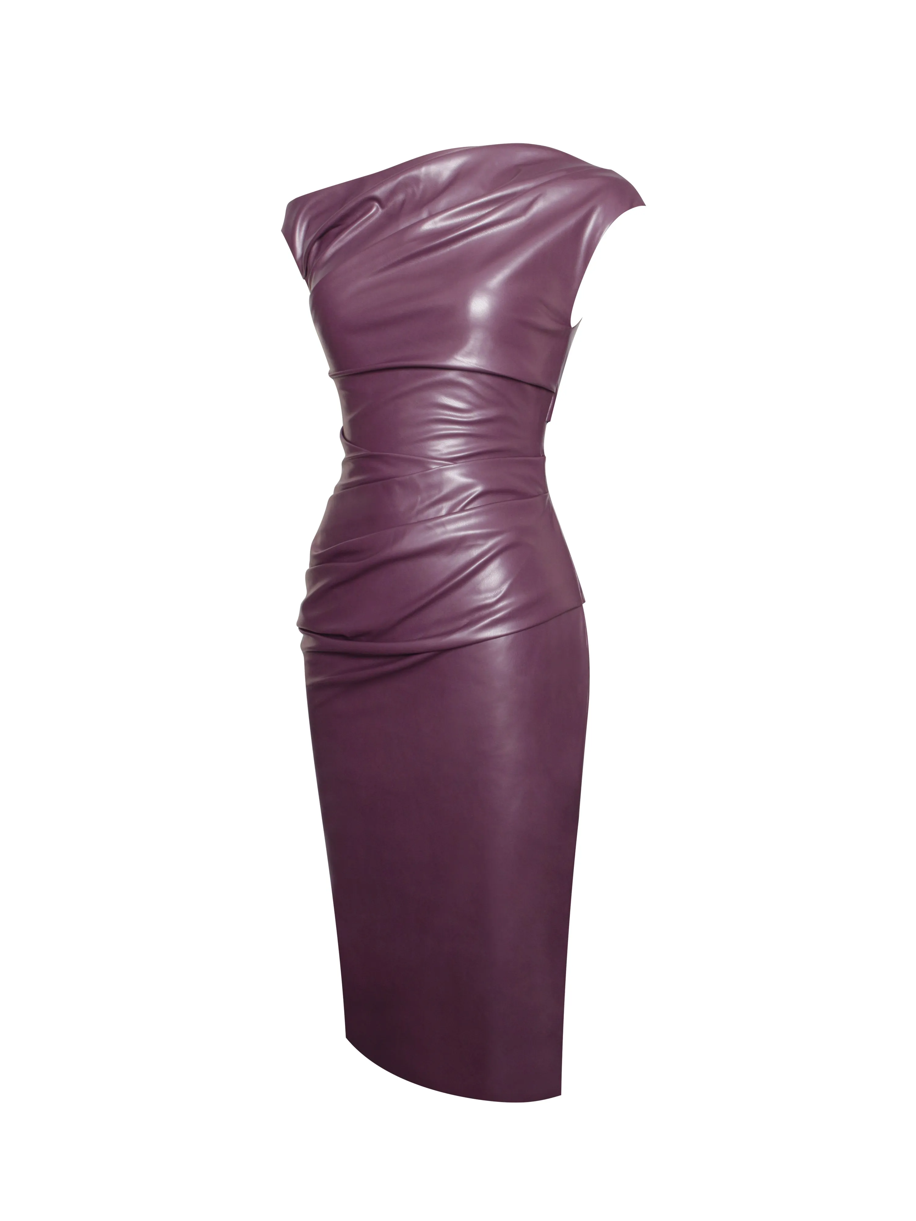 Sabina Purple Leather Slash Neck Midi Dress