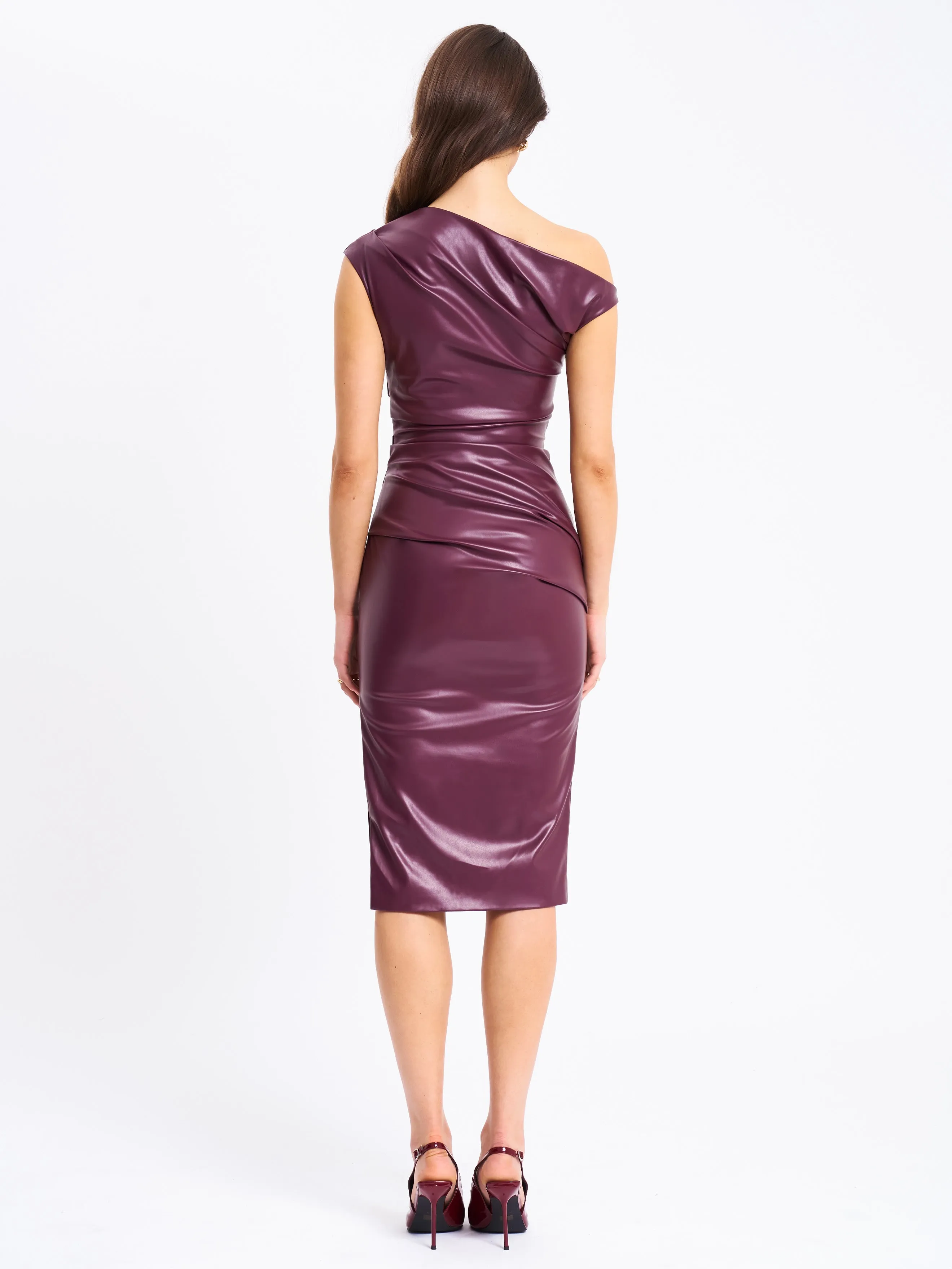 Sabina Purple Leather Slash Neck Midi Dress