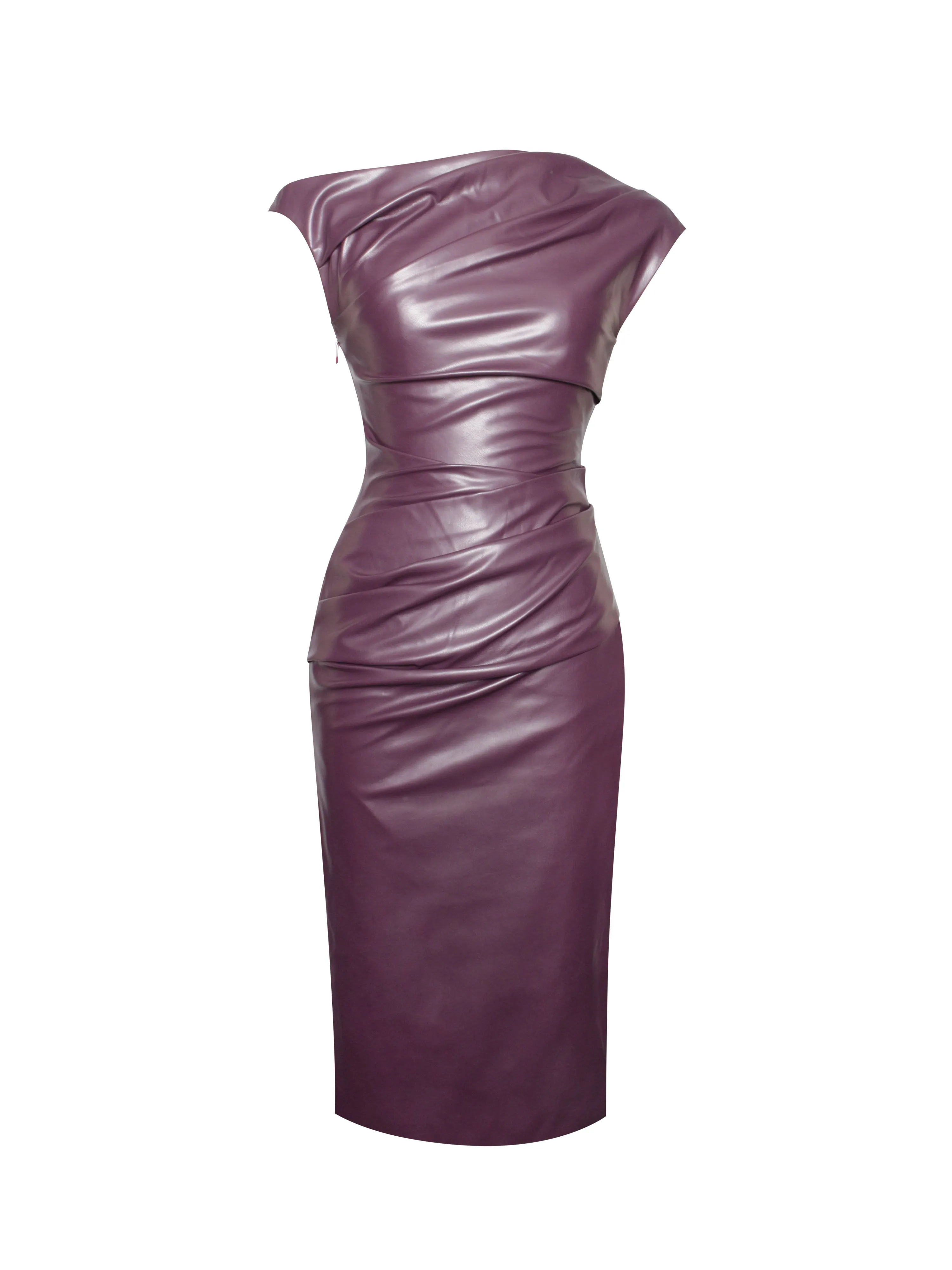 Sabina Purple Leather Slash Neck Midi Dress