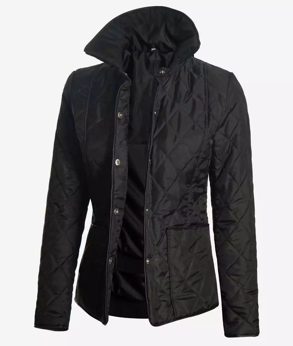 Sally Black High Collar Polyester Quilted Jacket for Women *Few Left*