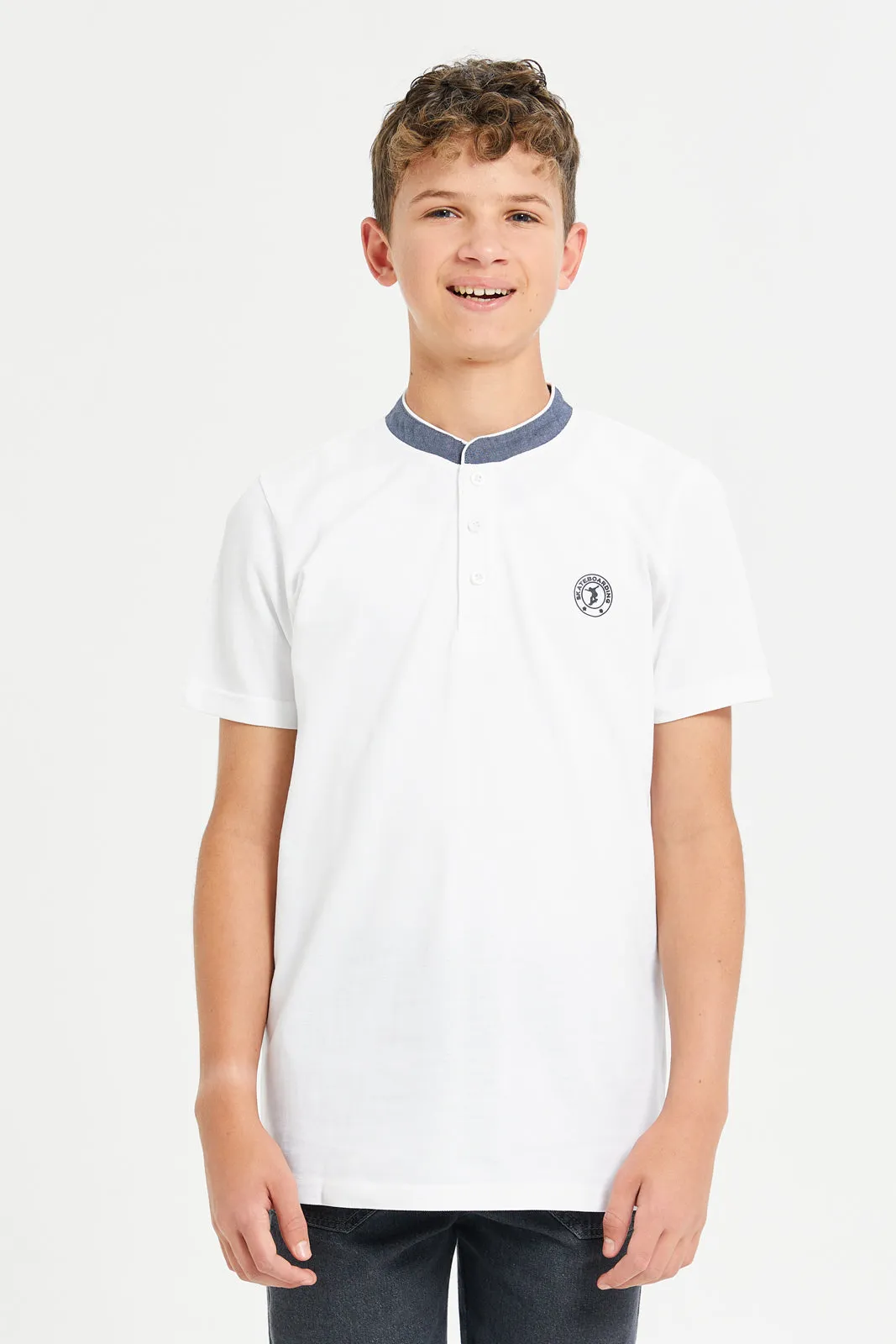 Senior Boys White Printed Polo Shirt