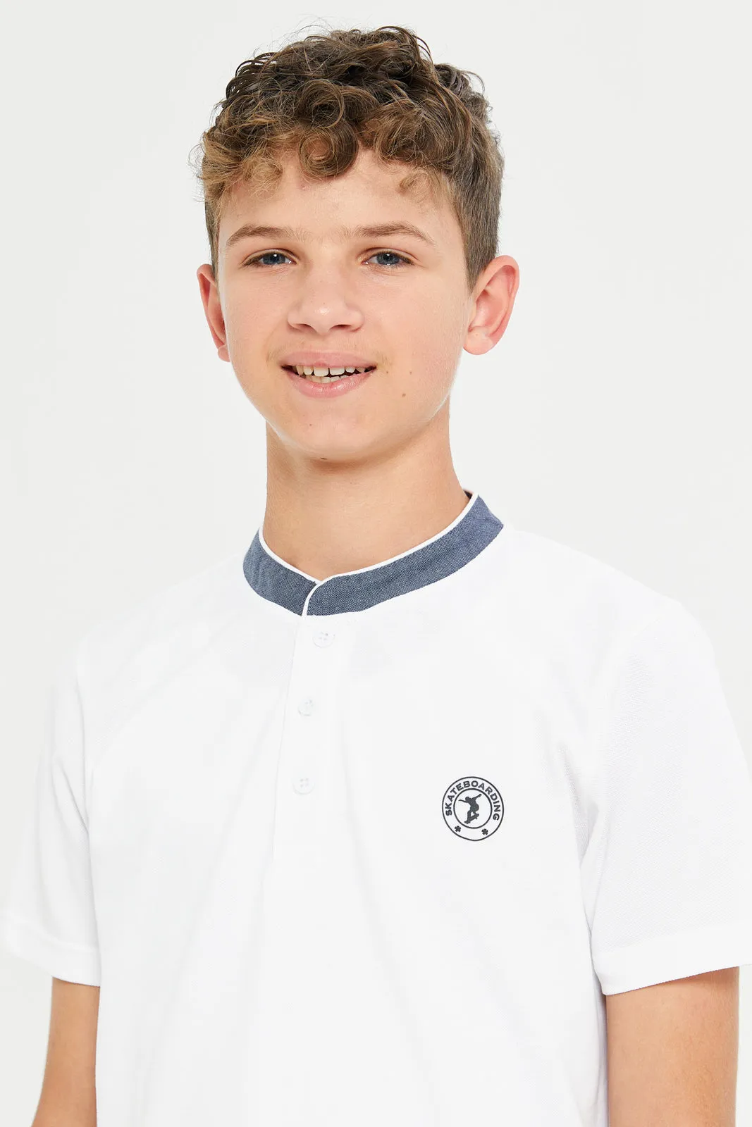 Senior Boys White Printed Polo Shirt