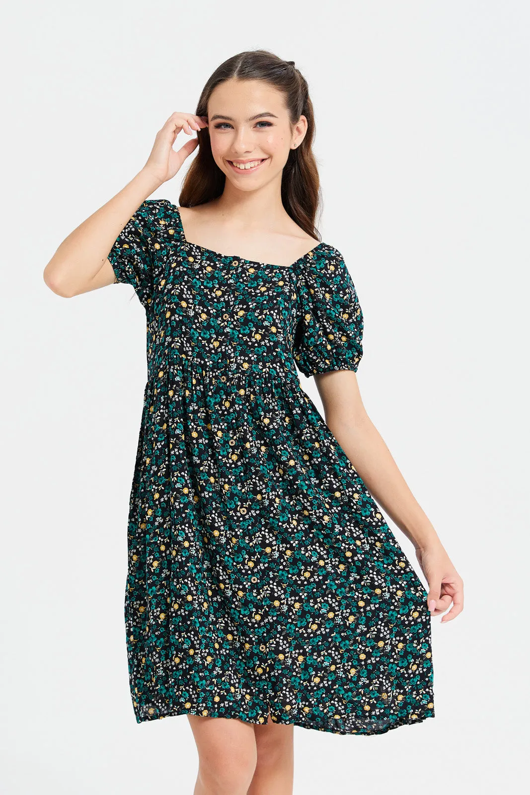 Senior Girls Black Floral Print Dress