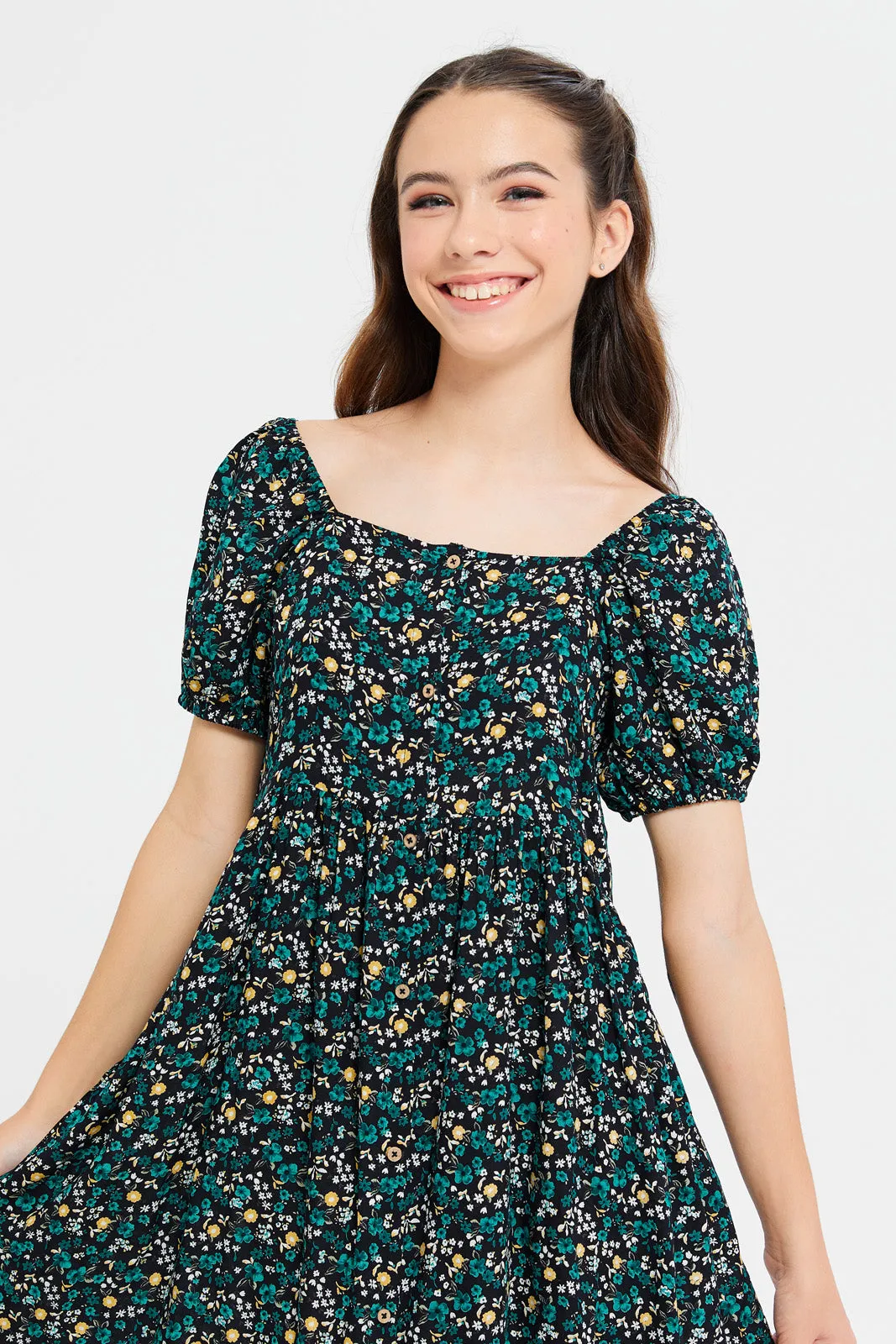 Senior Girls Black Floral Print Dress