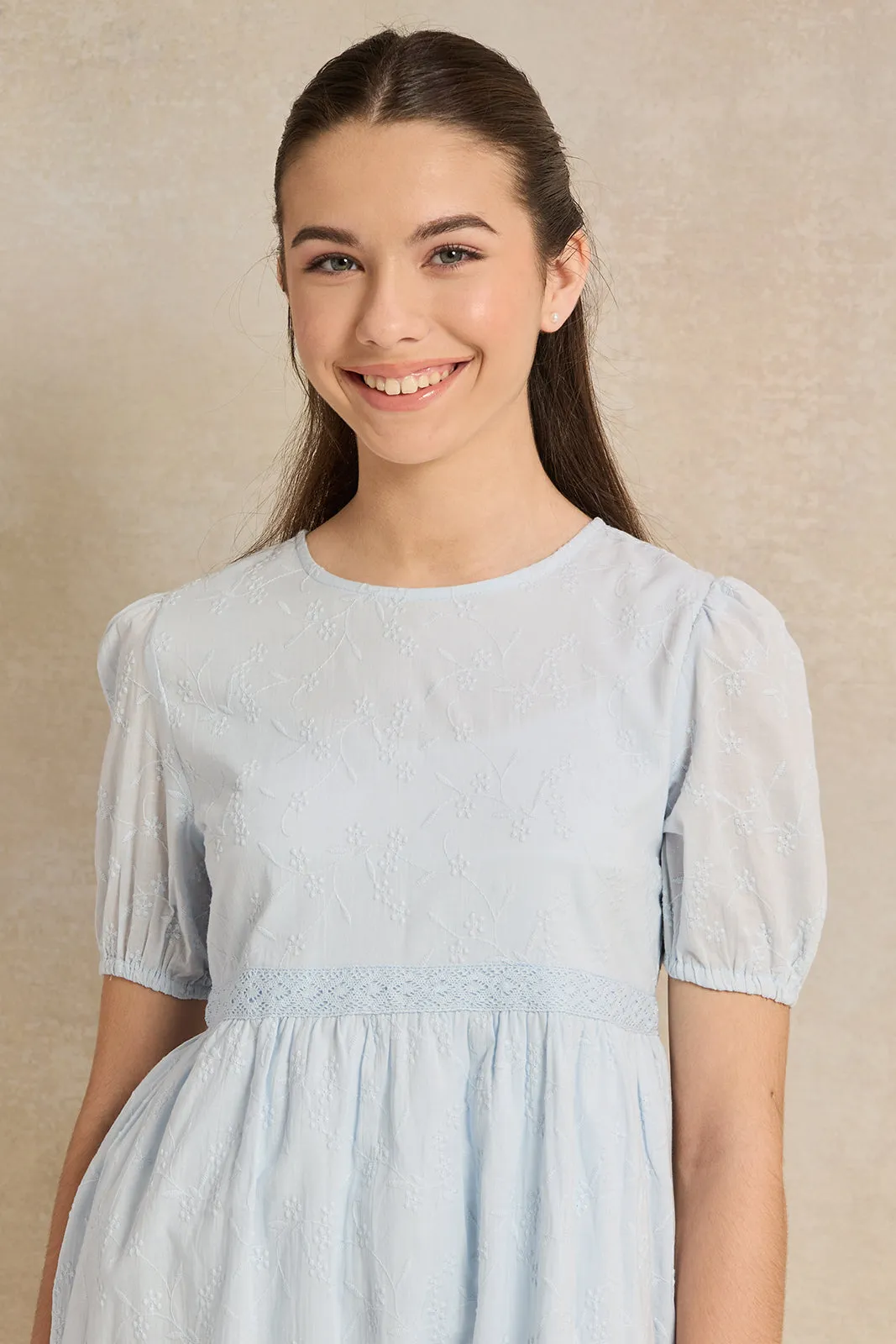 Senior Girls Blue Embroidered Dress