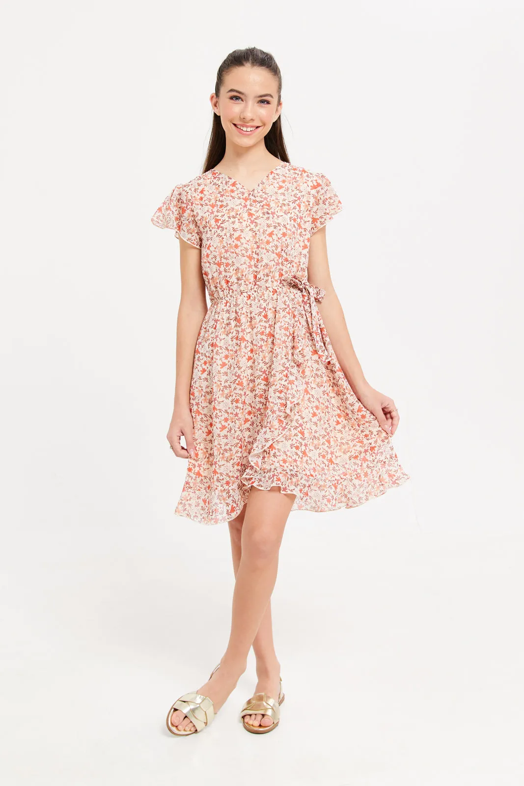 Senior Girls Cream Floral Printed Dress