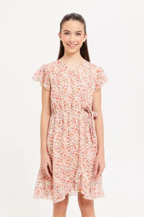 Senior Girls Cream Floral Printed Dress