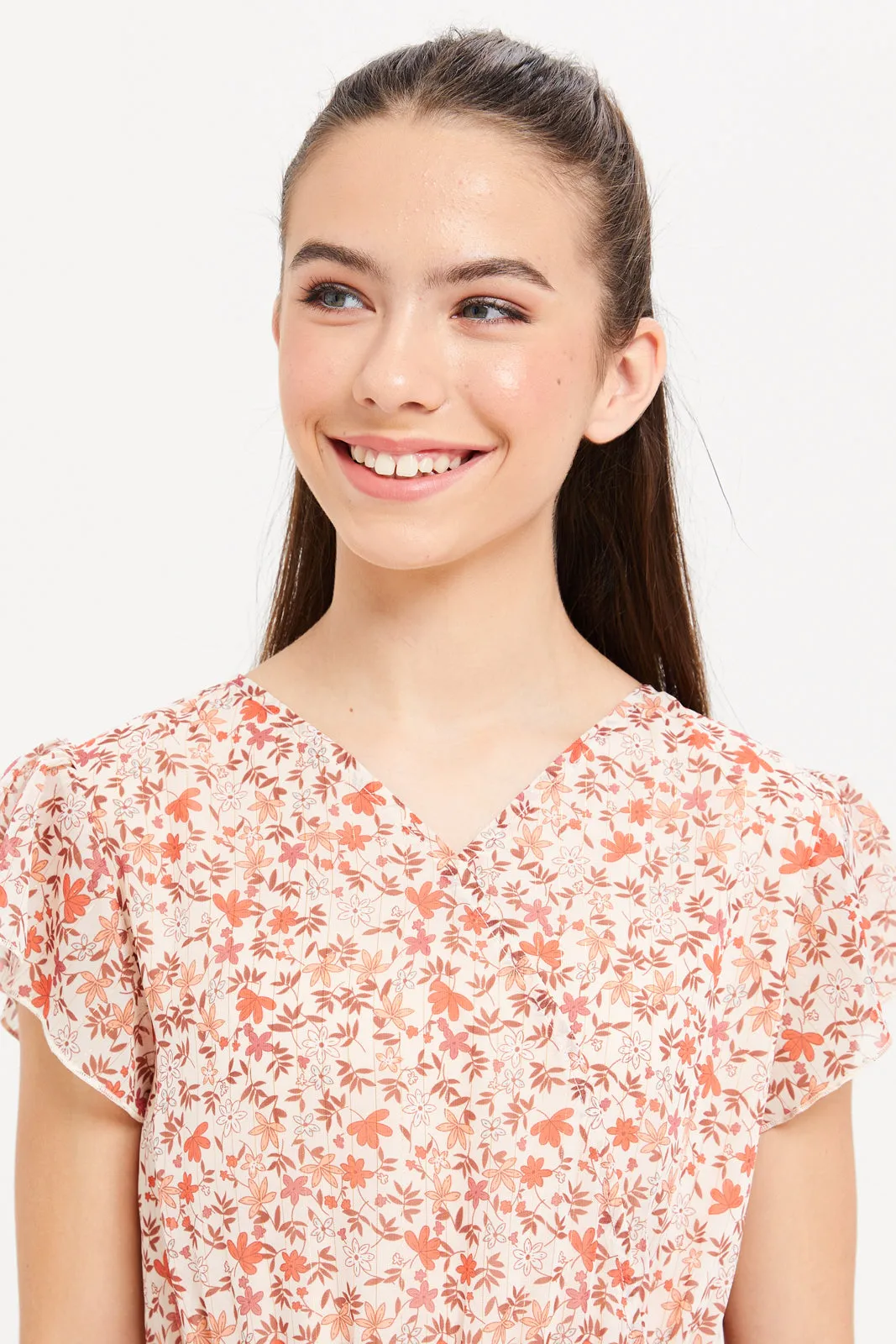 Senior Girls Cream Floral Printed Dress