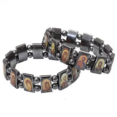 Set 12 pcs Orthodox Religious Black Hematite Bracelet With Christian Icons