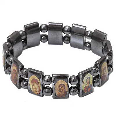 Set 12 pcs Orthodox Religious Black Hematite Bracelet With Christian Icons