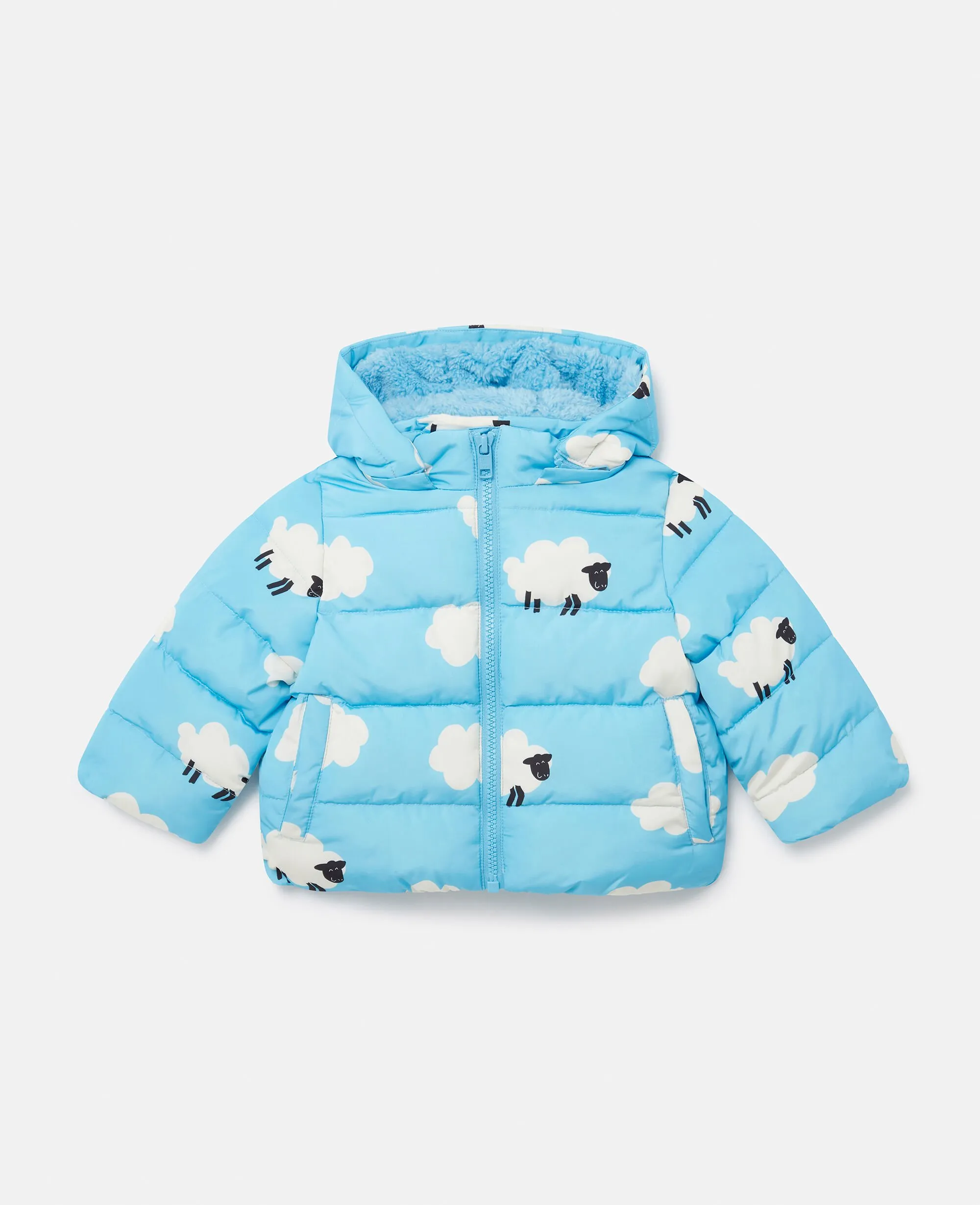 Hooded Puffer Coat with Sheep Pattern