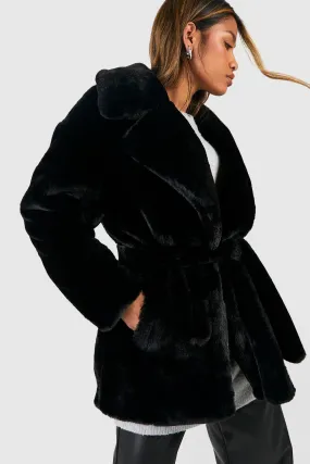 Short Belted Faux Fur Coat