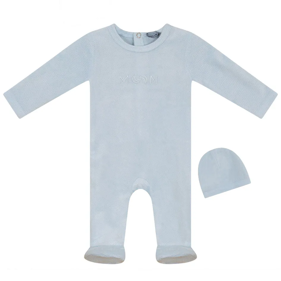 Light Blue Velour Baby Stretchie Set with Hat