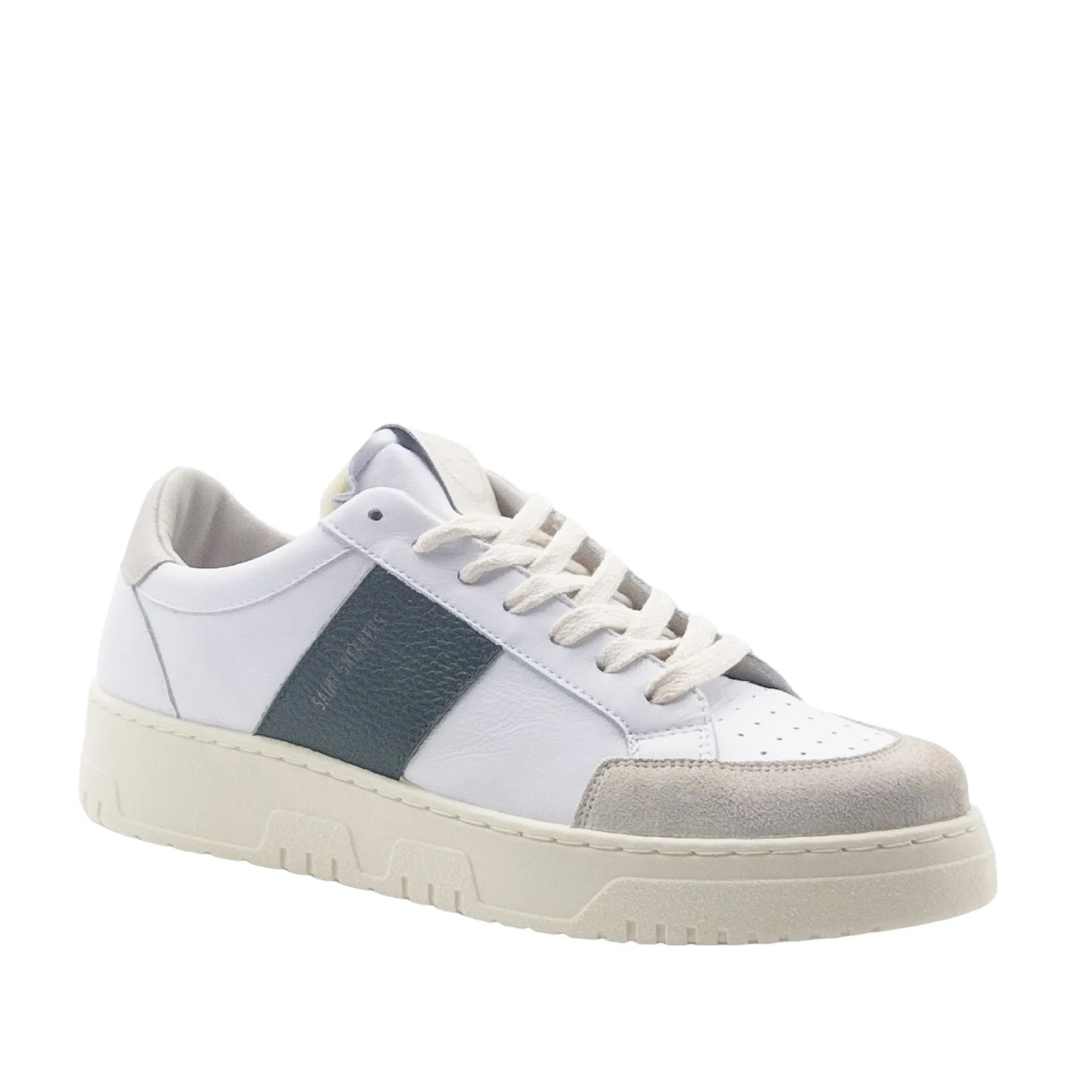 White Leather Sneakers with Side Green Band