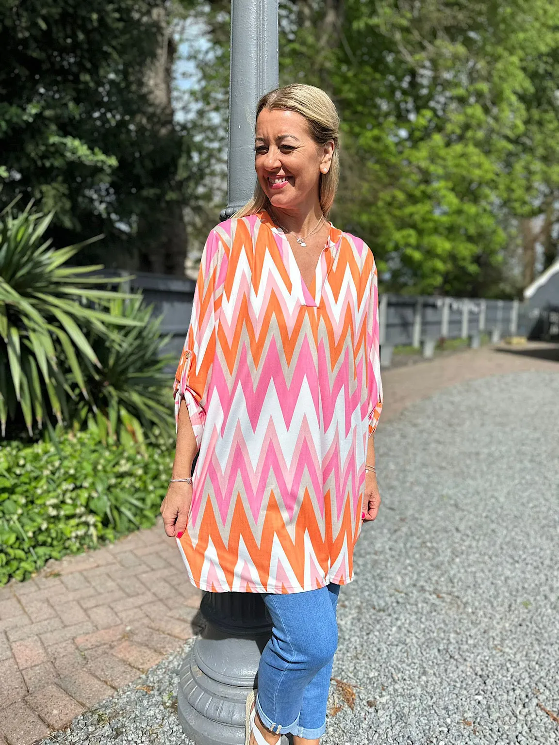 Soft Touch Orange Tunic with Zig Zag Pattern - Gloria