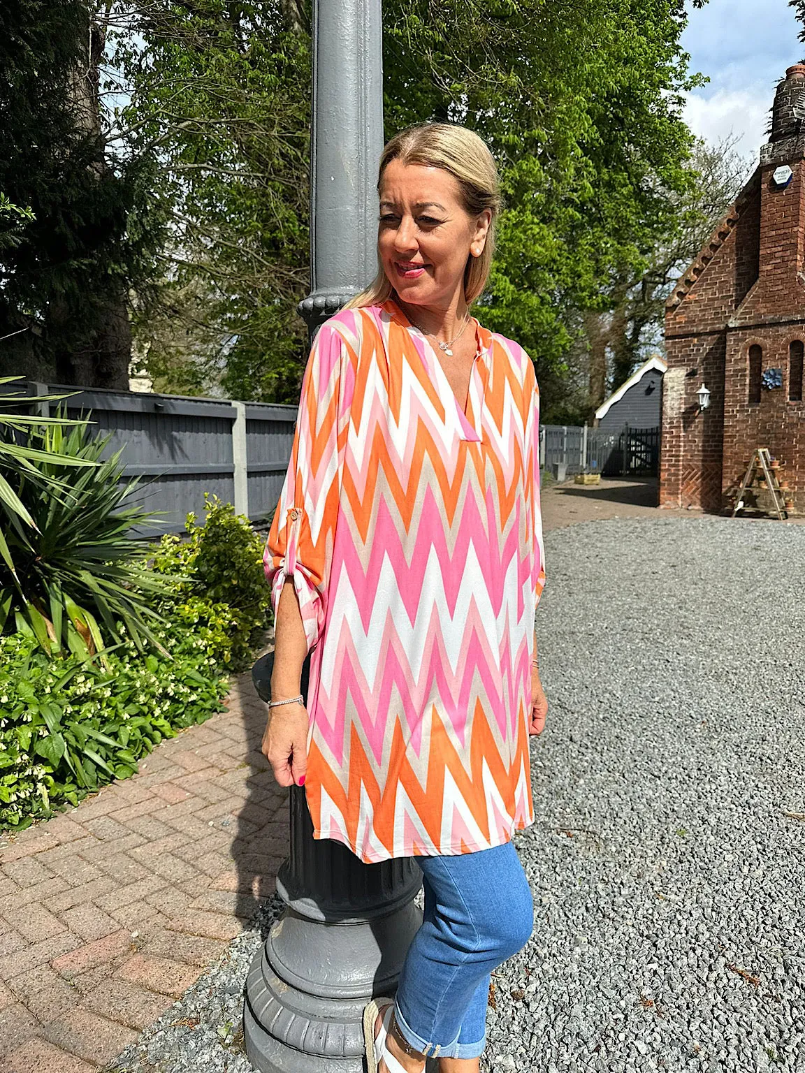 Soft Touch Orange Tunic with Zig Zag Pattern - Gloria