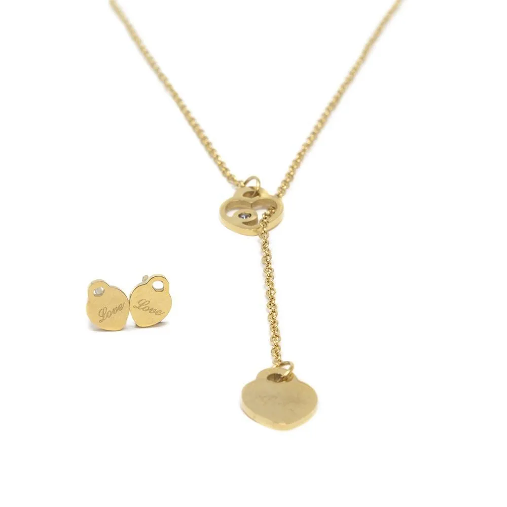 Stainless Steel Love Heart Lariat Necklace Earrings Set Gold Plated