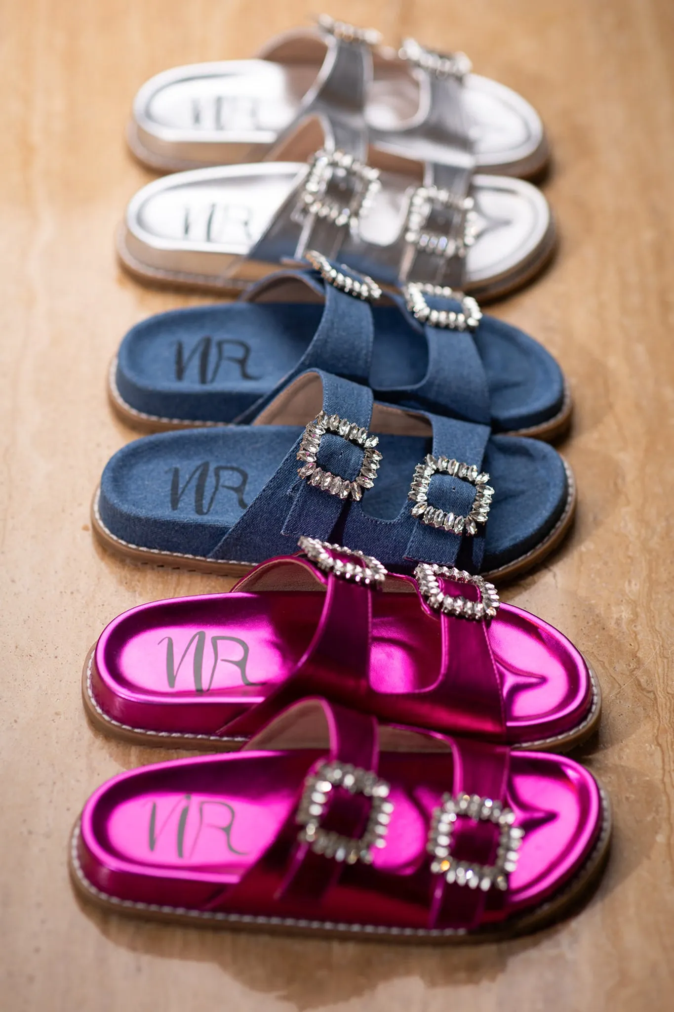 Stellar Rhinestone Buckle Slides in Denim