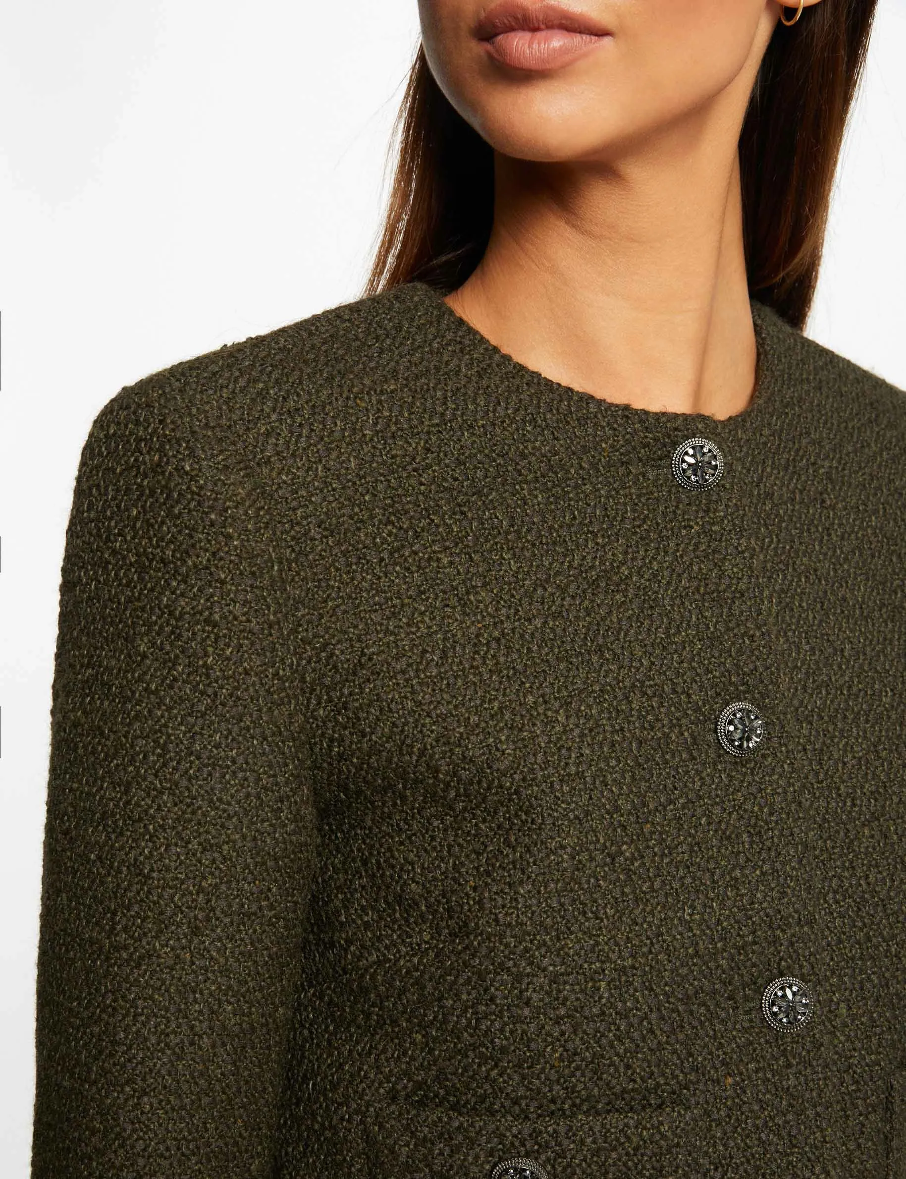 Straight buttoned jacket with round neck dark green women