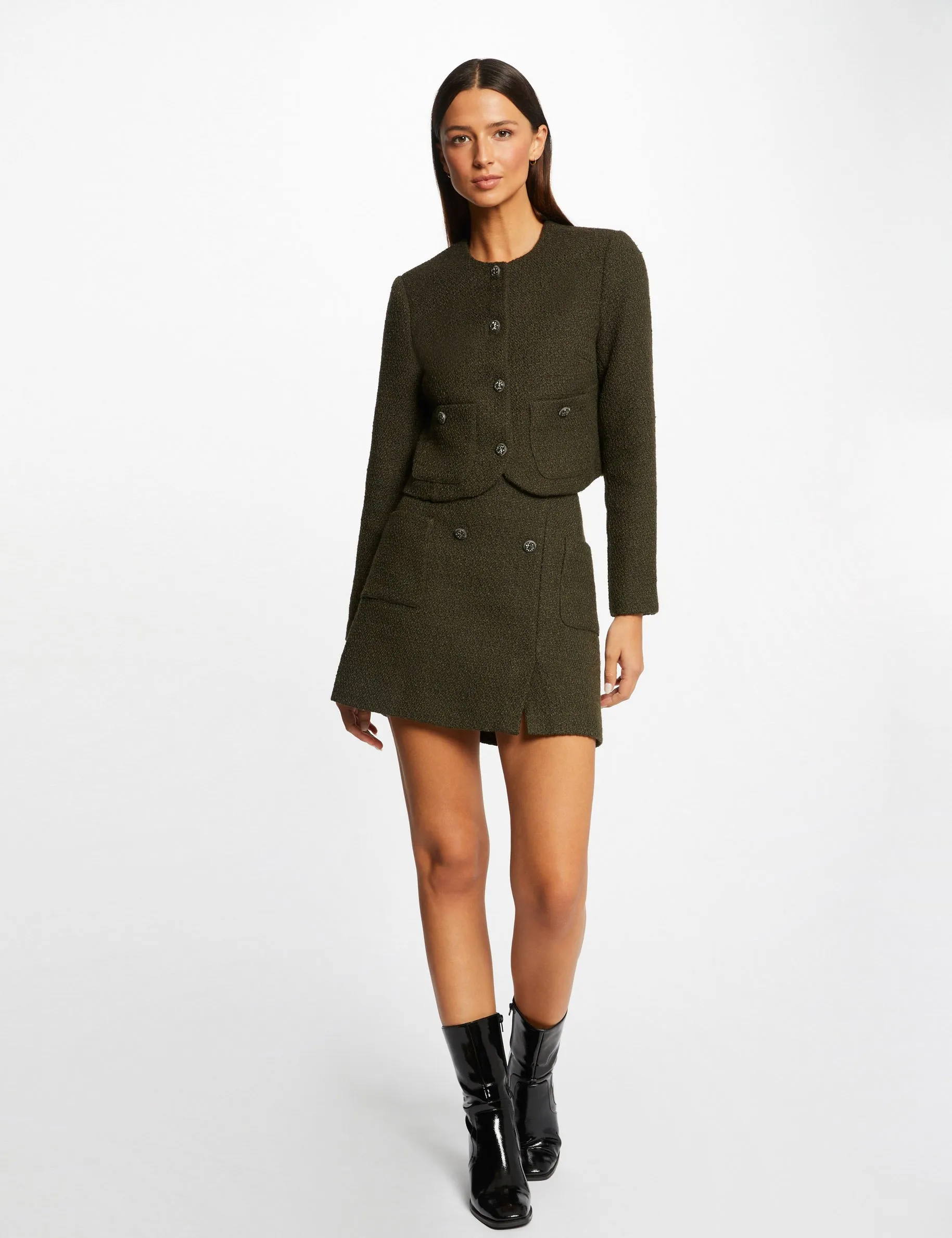 Straight buttoned jacket with round neck dark green women