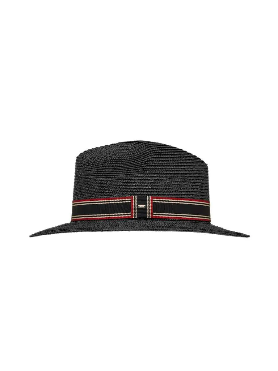 Straw Panama Hat with Contrasting Striped Canvas Ribbon