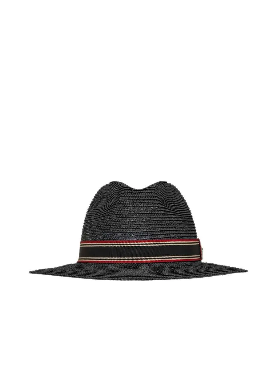 Straw Panama Hat with Contrasting Striped Canvas Ribbon