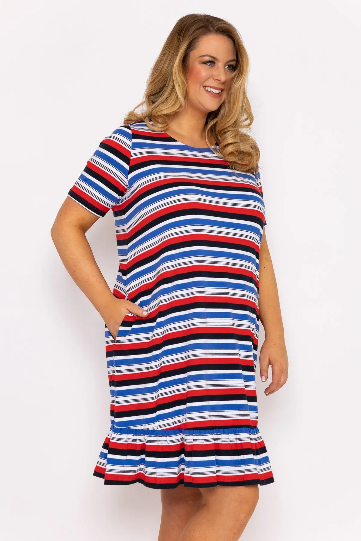 Striped Knee Length Dress in Multi Print