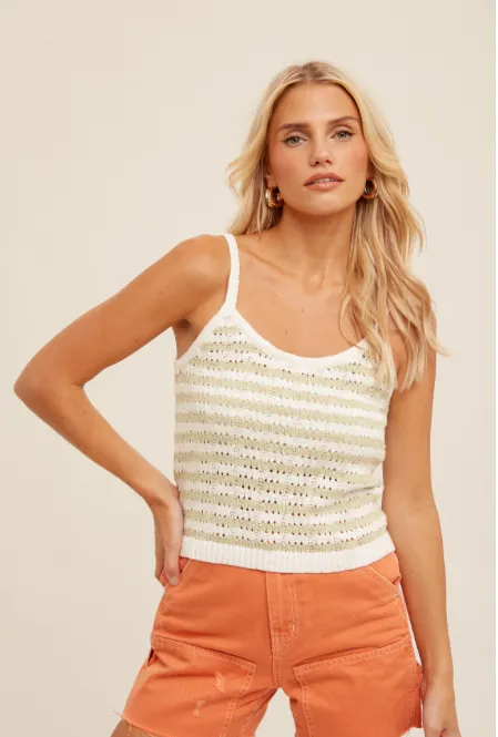 Striped Knit Tank Top with Open Stitch Detail