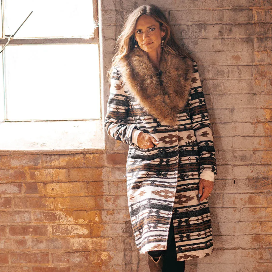 STS Beth Aztec Fur Collar Jacket - Aztec Pattern Coat with Faux Fur Collar